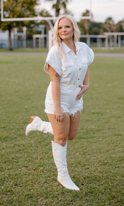 Game Time Distressed Denim Romper (White)