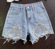Downtown Rhinestone Fringe Denim Shorts (Light Denim)