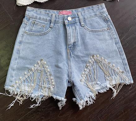 Downtown Rhinestone Fringe Denim Shorts (Light Denim)