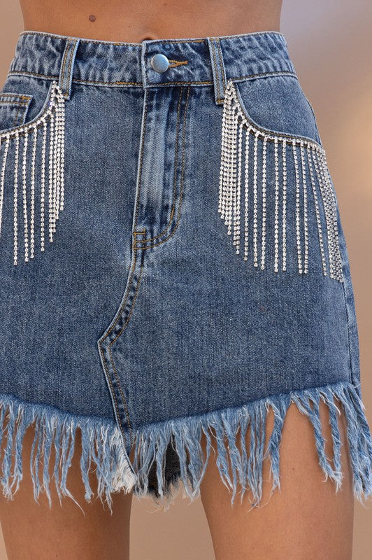 Ready Set Roll Rhinestone Fringe Mini Skirt (Denim)