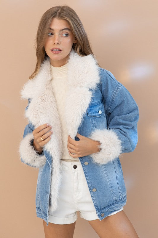 Be Fur-eal Collard Cuff Oversized Washed Denim Jacket