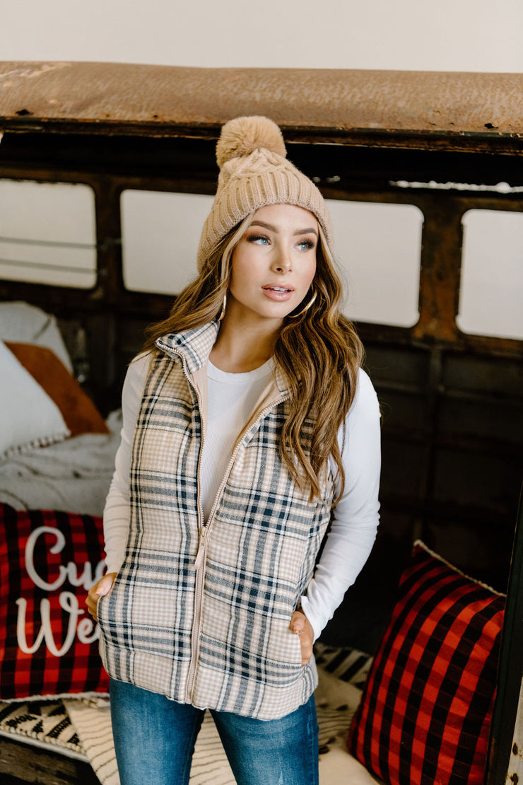 Perfectly Plaid Puffer Vest (Taupe)