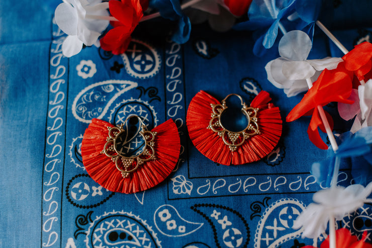 Raffia Red Fan Tassel Earrings